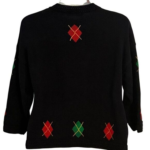 Large Vintage #90s #CHAUS Sweater #Preppy Knit Navy Crest Argyle Coat of Arms Em - Picture 4 of 11